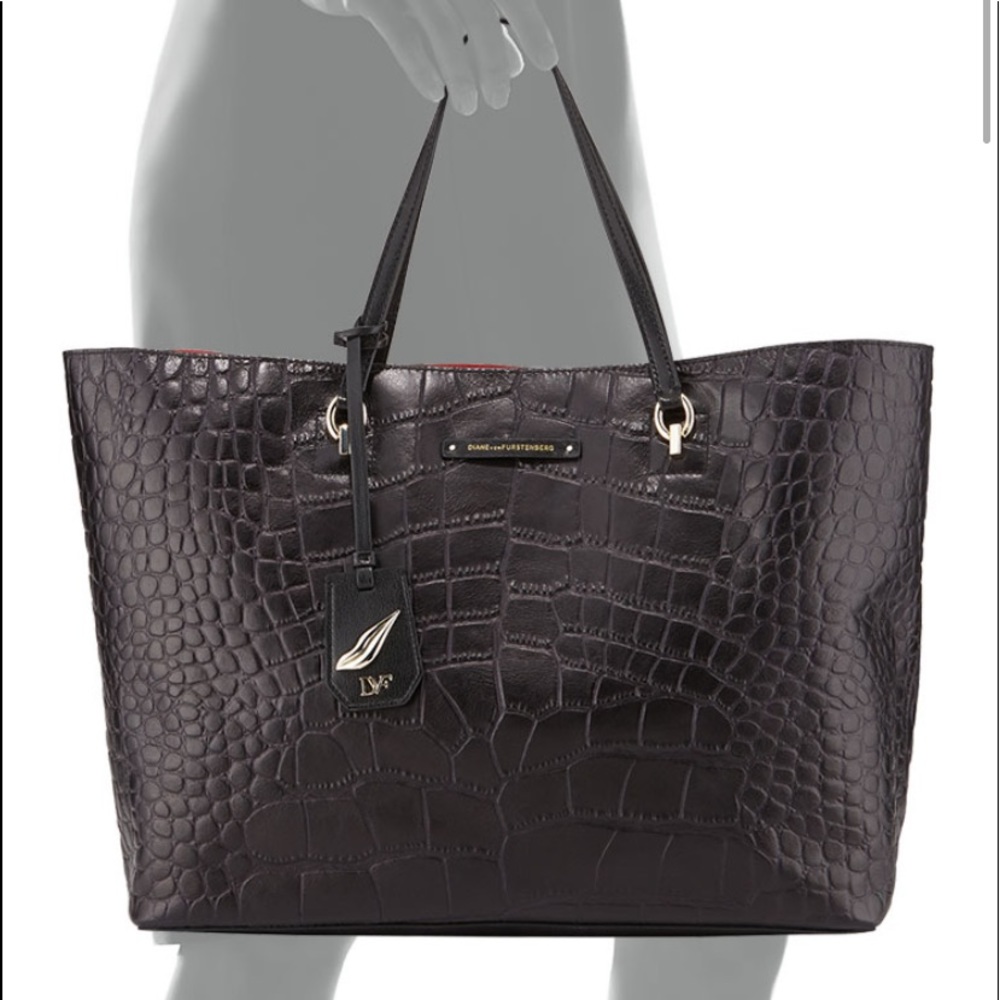 DVF black croc embossed tote bag